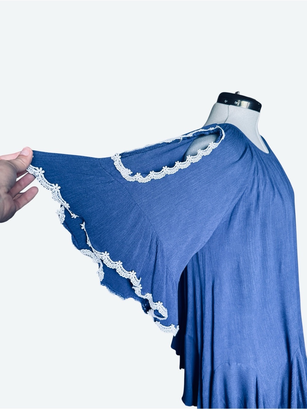 Paisley Vine Blue Cold-Shoulder Ruffle Trim Oversized Boho Tunic Top - Picture 6 of 9